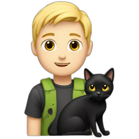 Boy with blonde hair holding a black cat emoji