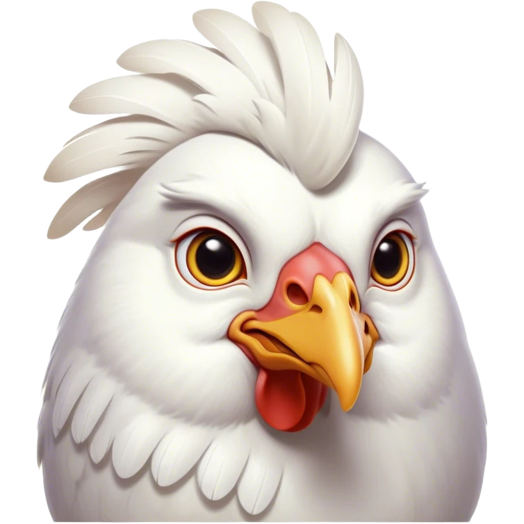 Cinematic Noble White Chicken Portrait Emoji, Poised and regal, with a compact, sturdy build and a pristine, well-groomed pure white plumage, deep-set soulful beady eyes, Simplified yet sharp and sophisticated features, highly detailed, glowing with a soft, dignified glow, high shine, intelligent and alert, stylized with an air of barnyard elegance, focused and attentive, soft glowing outline, capturing the essence of a watchful and confident fowl, so majestic it feels as though it could strut out of the screen with effortless authority! emoji