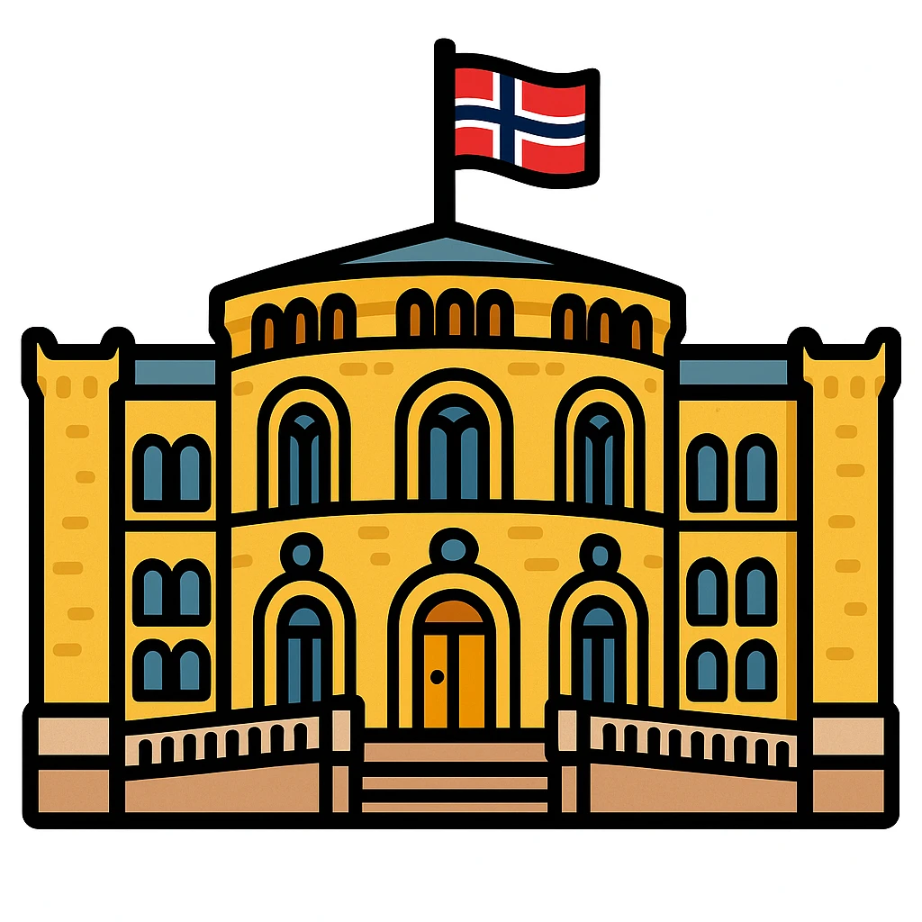 Create another emoji-style illustration of the Norwegian Parliament building (Stortinget) with a yellow brick facade, arched windows, central rotunda, and Norwegian flag on top. The style should be simplified and expressive, capturing the essence of emoji style but with a different interpretation from the original. emoji