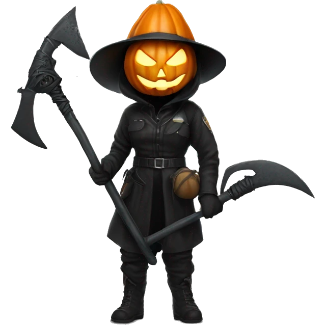 Human female pumpkin hunter with a scythe, glowing pumpkin eyes inside a black helmet, Halloween theme, emoji" emoji