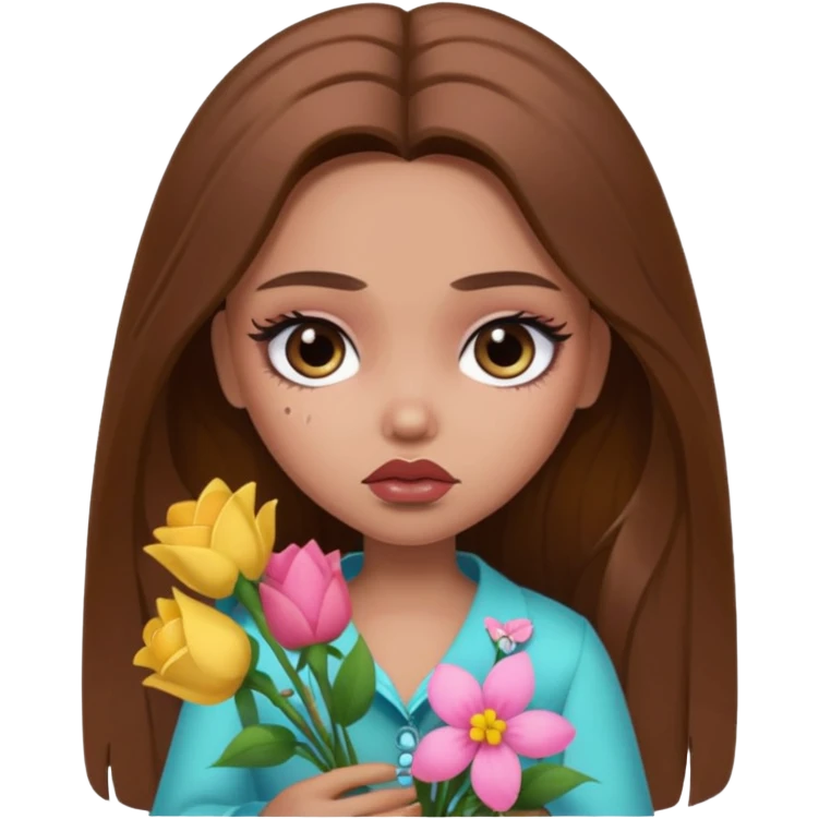 sad pretty bratz baddie, long brown hair holding flowers emoji