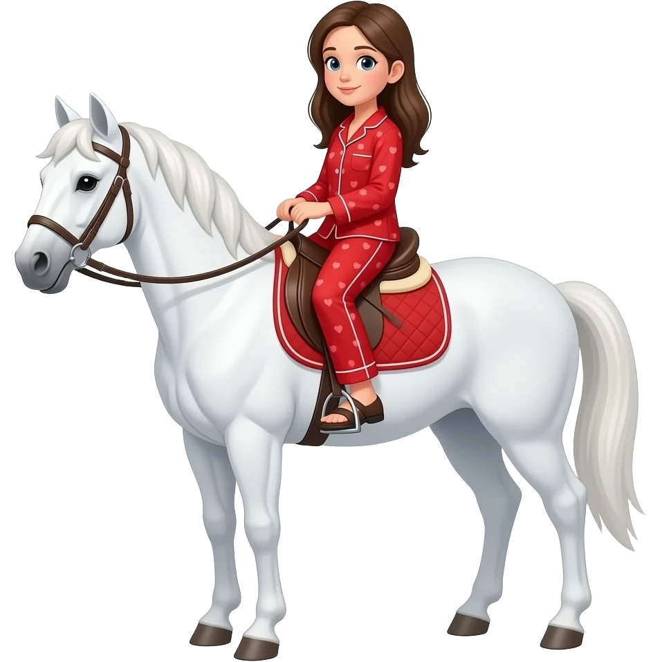 Cartoon white horse with bridles and saddle A girl riding With red pajamas emoji