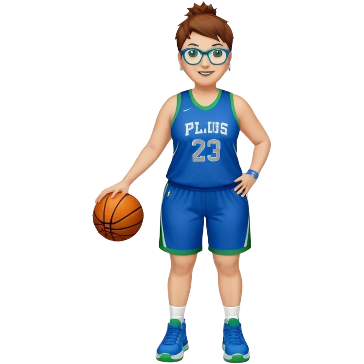 Full Body plus size white female basketball player with short medium brown hair with carmel highlights spikey hair wearing blue glasses 
 wide nose wearing blue green uniform  green sneakers smiling wearing silver hoop earrings emoji