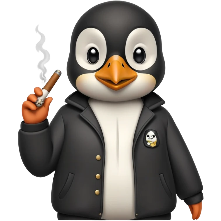 friendly anthropomorphised penguin wearing a mafia-style tracksuit, holding a cigar, confident pose, scheming soprano vibe emoji