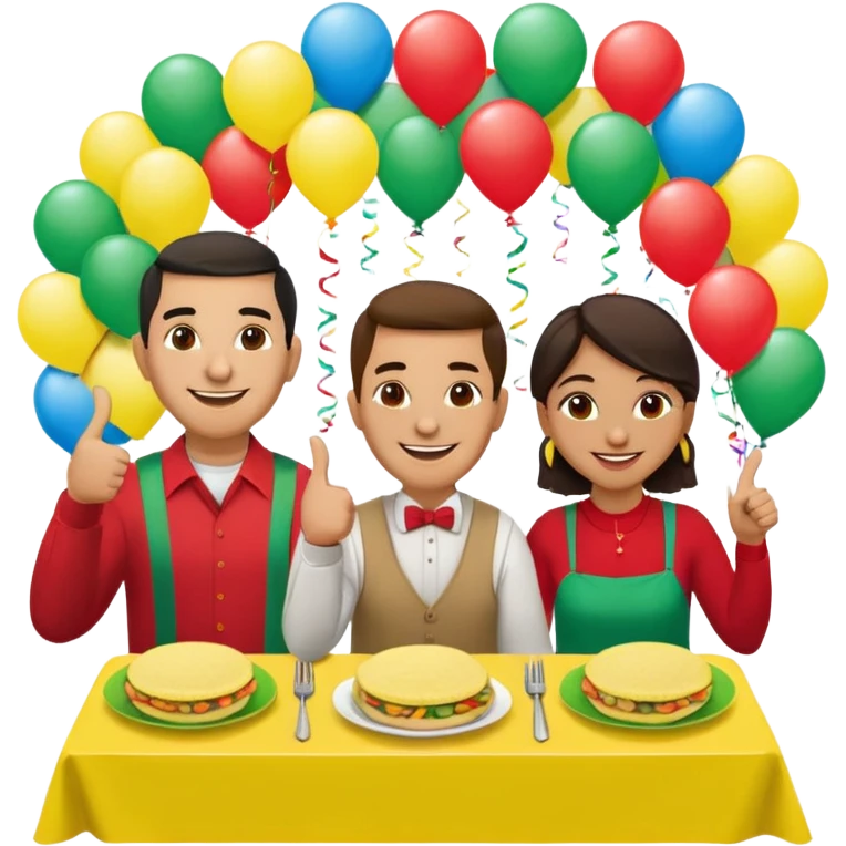 party table decorated with green red and  yellow colors, including a backdrops, balloons arch, streamers and more. On the table are intricate displays of colombian arepas, and baskets of money. In the forefront is a woman and man in simple clothing, big smiles and big thumbs up emoji