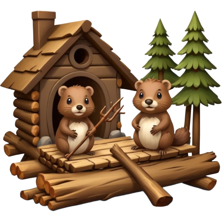 a beaver couple, one a female with a bow on her head in a beaver home made of sticks and logs emoji