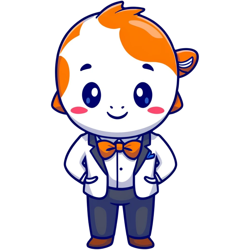 A charming and professional koi fish character, sleek rounded body with orange and white patterns, expressive eyes, friendly smile, wearing a neat business suit, white shirt, and tiny bowtie emoji