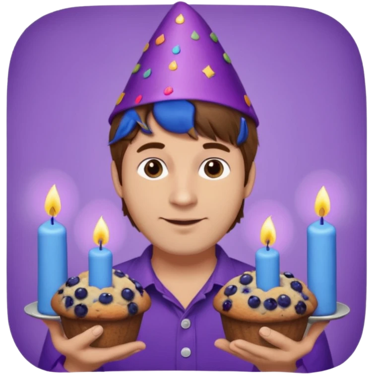 Man with brown hair wearing purple shirt and a party hat holding several blueberry muffins either candles in them  emoji