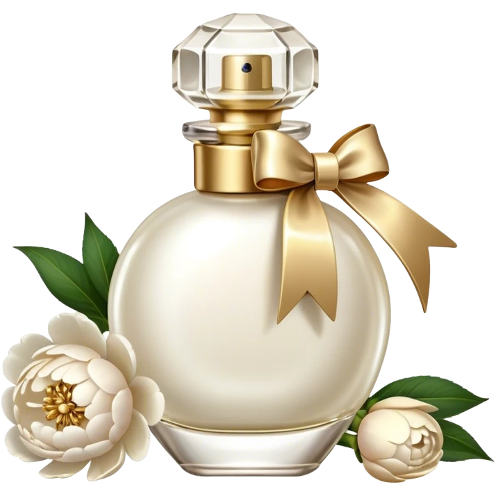 pearl white vintage style perfume bottle and ivory colored peonies and a gold bow emoji