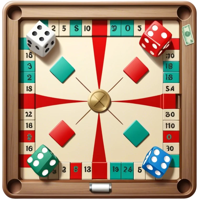 A photorealistic icon featuring a backgammon board with dice, a Monopoly board with money and property cards and a Game of Life spinner. The design captures the detailed textures of the boards, pieces, and accessories. Transparent background. emoji
