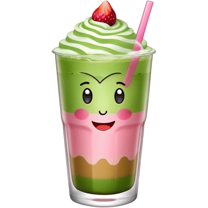 iced matcha latte with strawberry syrup at the base in a clear glass, apple emoji style emoji