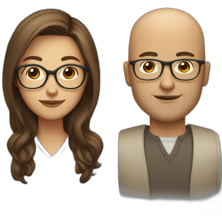 couple woman with long brown hair and bald man with glasses emoji