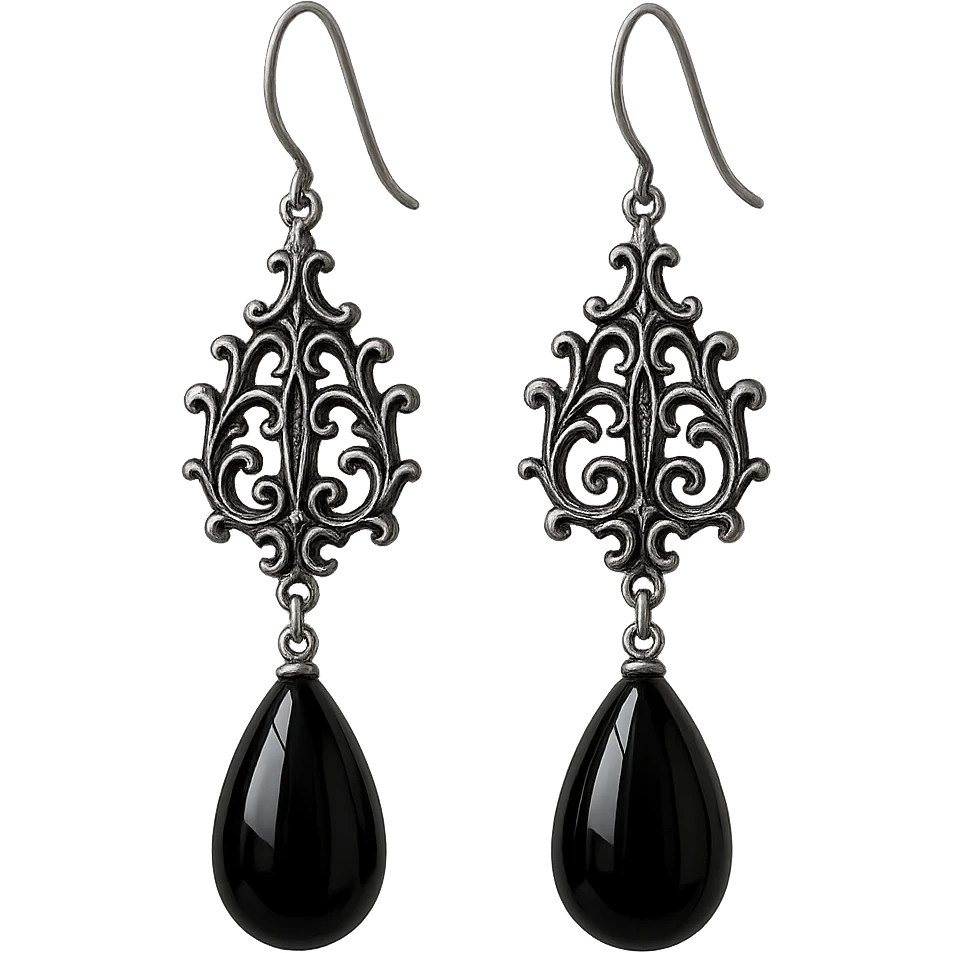 goth earrings, black onyx teardrop, silver filigree, elegant gothic style emoji