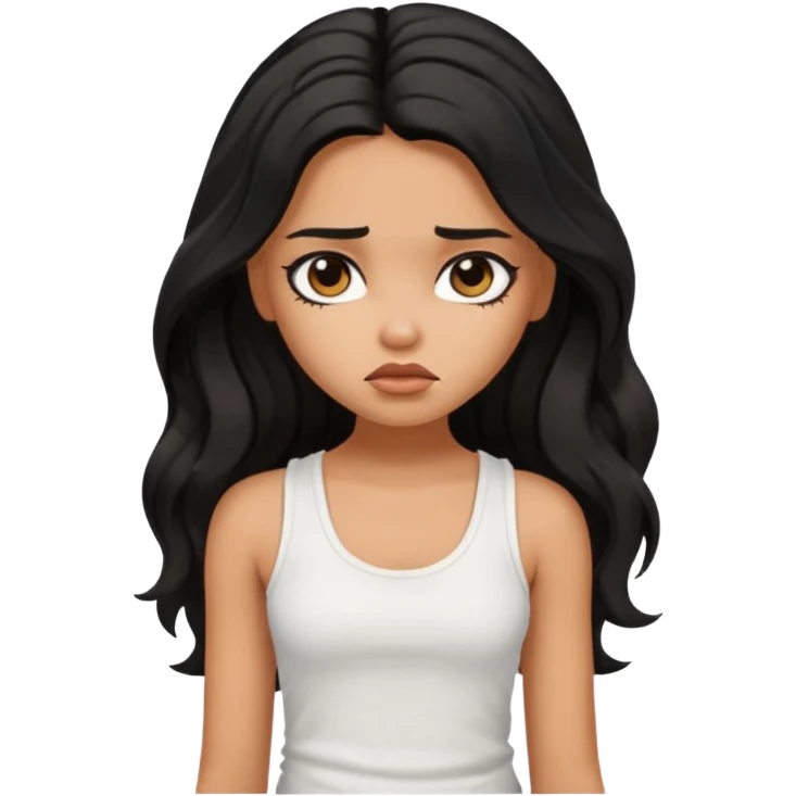a pretty tan bratz girl with long wavy black hair, wearing a white tank topi. looking sad emoji