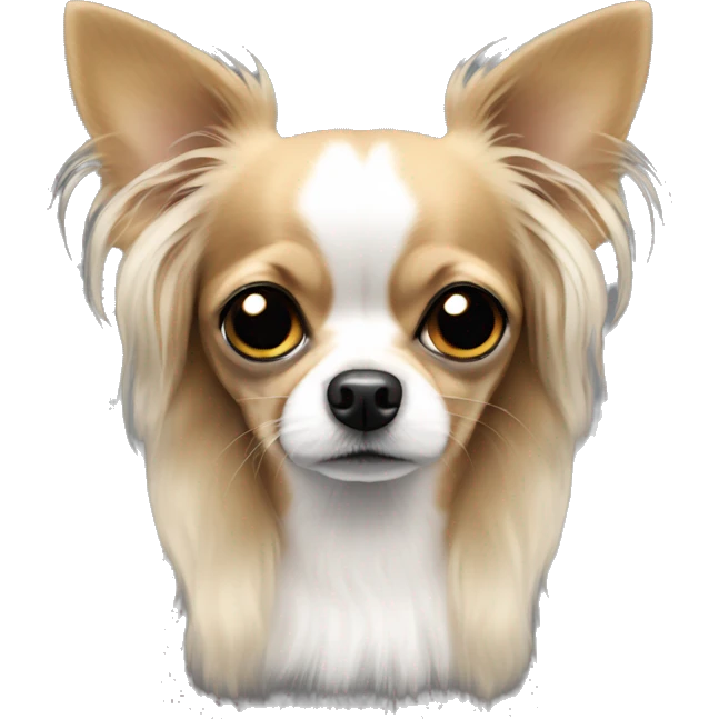 black white and tan long-haired chihuahua looking sad emoji