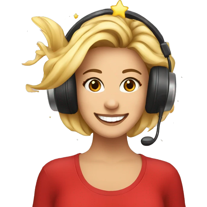 A radio DJ with sparkles on her face and stars in her hair. She is smiling and wearing a t shirt with a tuna fish on and red shoes emoji