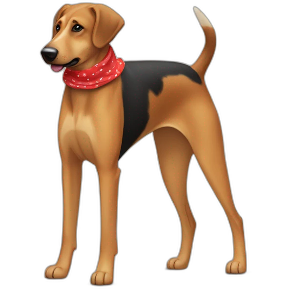 coonhound and German shepherd mix dog wearing small plain red bandana and walking left emoji