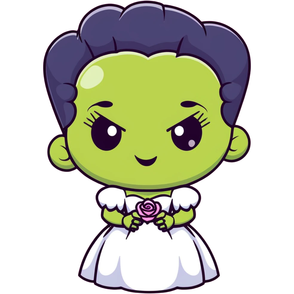 kawaii Bride of Frankenstein with rosy cheeks and adorable stitches emoji