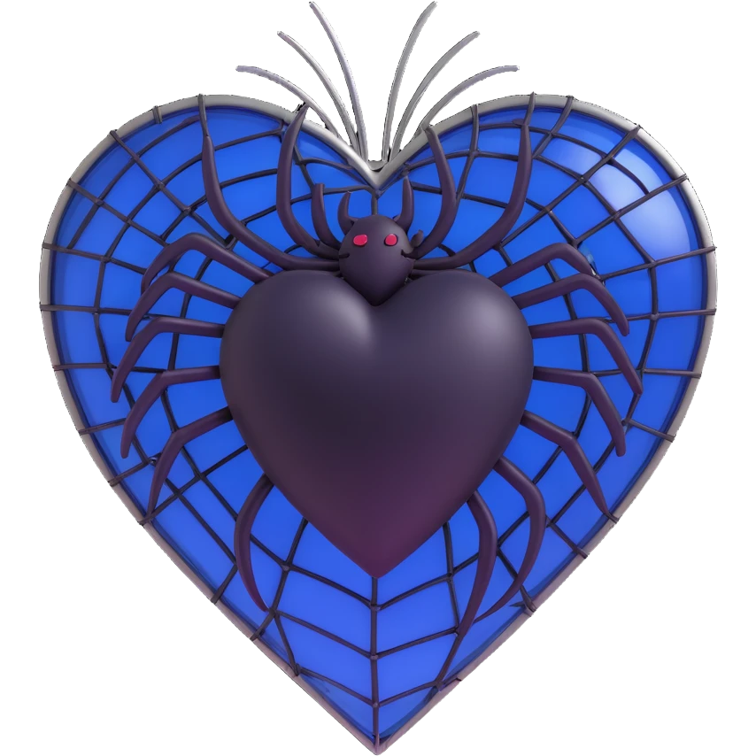 3D emoji gothic heart, midnight blue glass, silver spiderweb overlay, and tiny black roses emoji