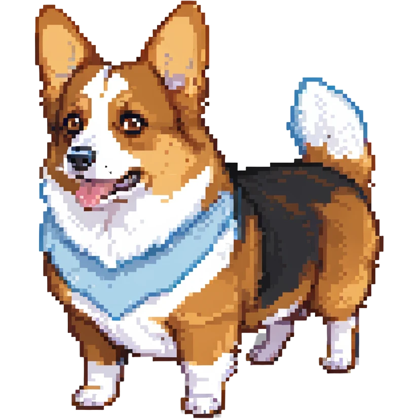 corgi with black fur, white underbelly, left brown eye, light blue right eye, looking frightened emoji