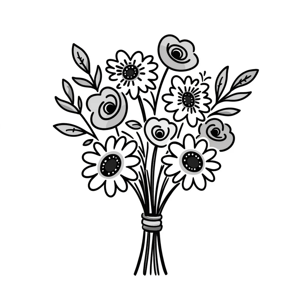 a hand-tied bouquet of assorted flowers with stems and leaves, pastel colors dd9fb0, ffc6d3, a3bfc9, c4bee2, f1b091, detailed hand-drawn doodle style emoji