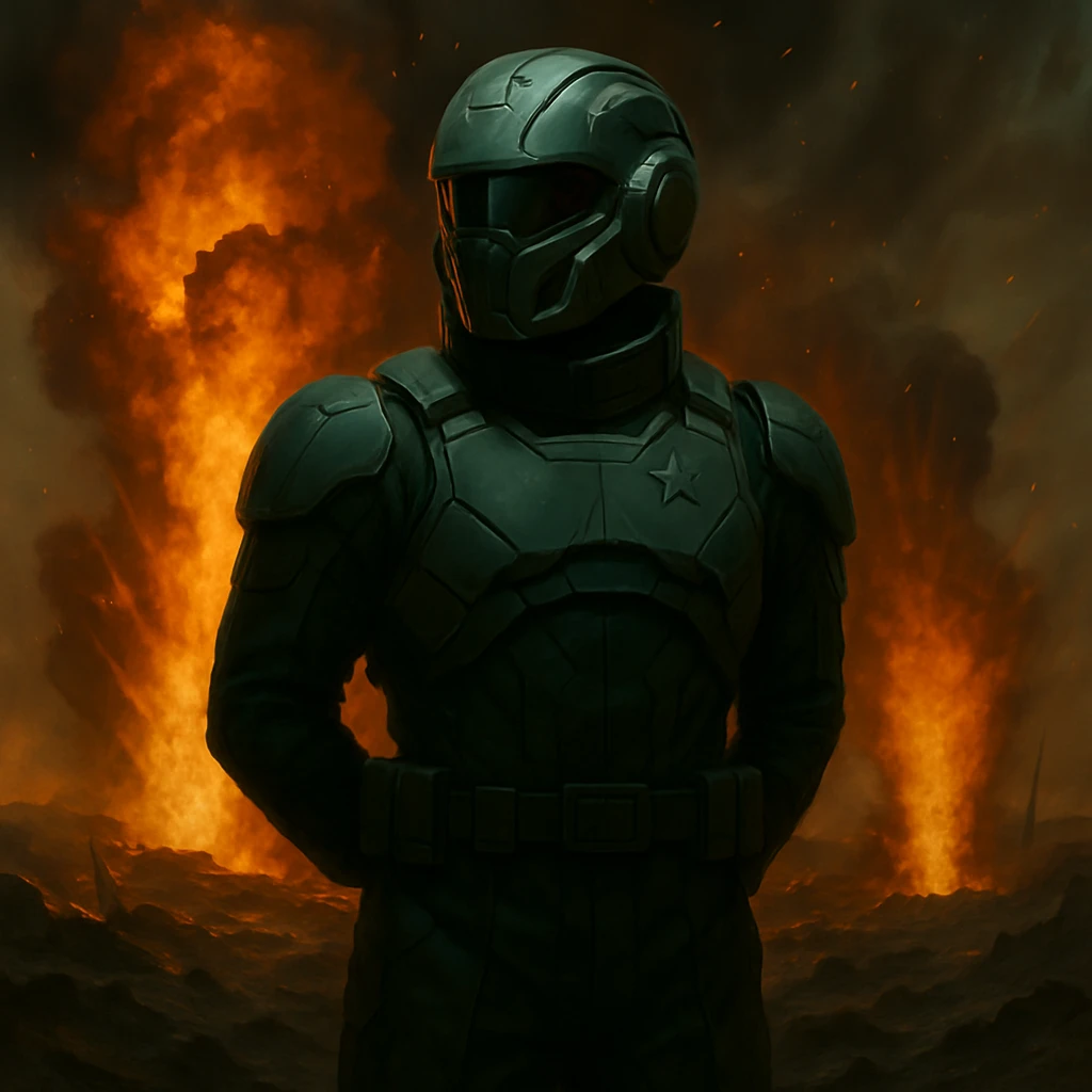 Add a sci-fi helmet to the man, keeping the dark green military fatigues and warzone background with explosions and flames. The style should maintain a realistic and intense warzone atmosphere with detailed explosions and flames in the background. emoji