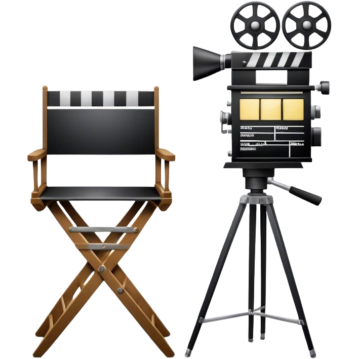Icon for Directing: a director's chair, a film clapperboard, large movie camera and a stage with a spotlight. The icon should represent the creative and organizational aspects of directing, with focus on storytelling, staging, and performance. Transparent background. emoji