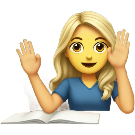 A white girl with a raised hand at a desk at school  emoji