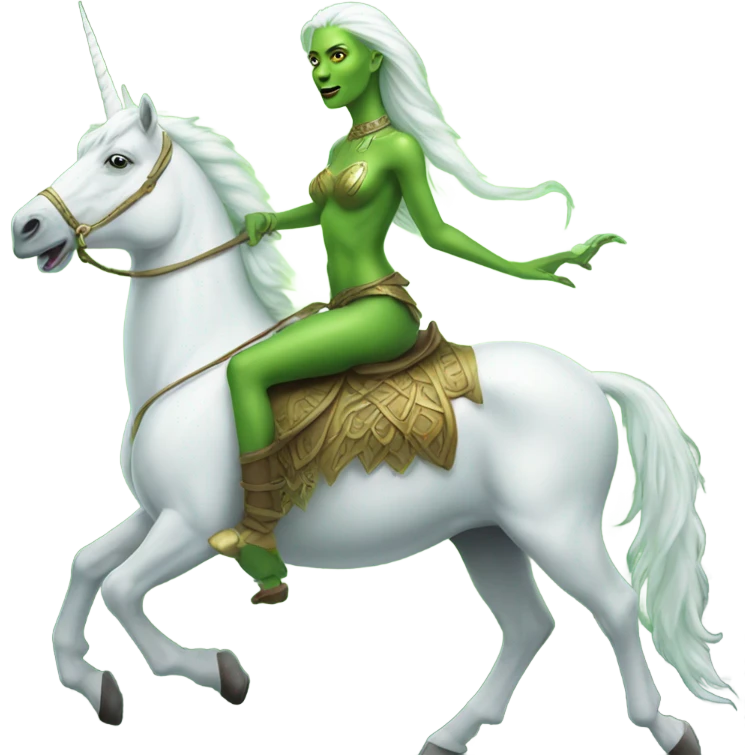 a green amazon alien woman on a white unicorn emoji