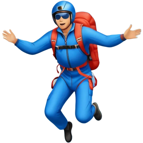 A base jumper soaring through the air, parachute deployed, flying off a steep mountain peak. The background is filled with majestic mountains, clear blue sky, and distant clouds, capturing the exhilarating thrill and beauty of extreme sports. emoji