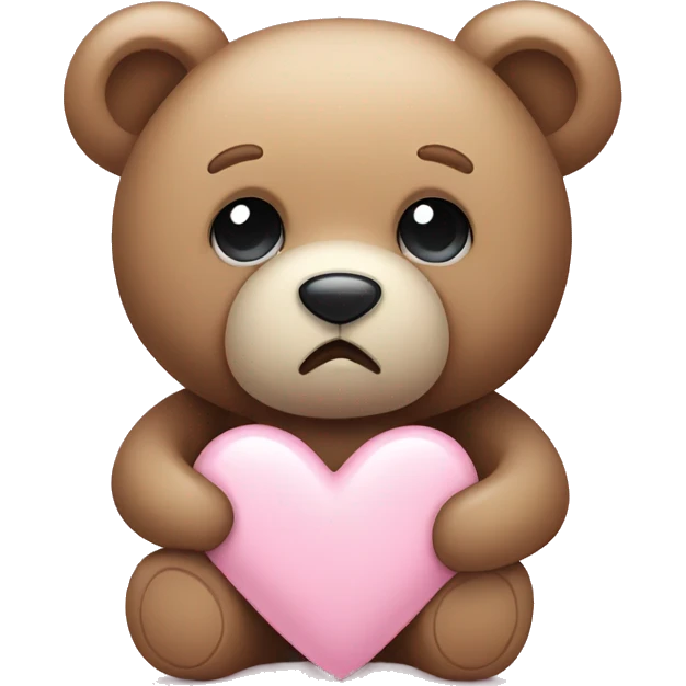 Teddy bear with sad eyes holding a pastel pink heart emoji