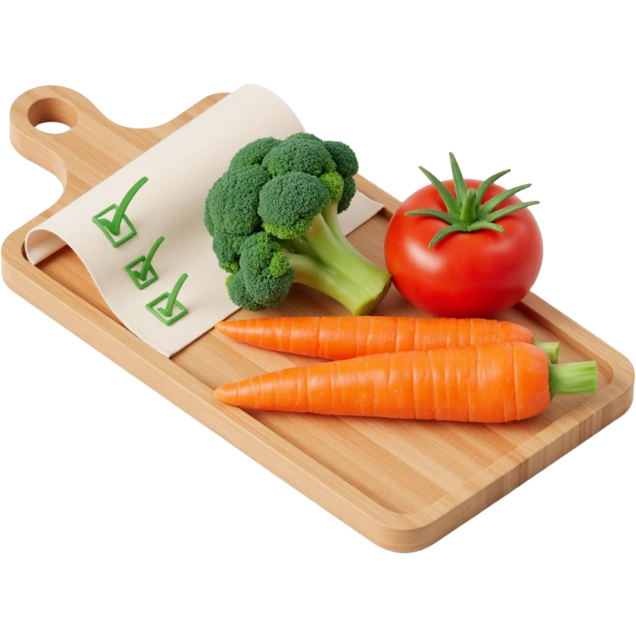 carrot tomato brocoli on the wooden cutting board with floating rolled paper list with green checkboxes emoji