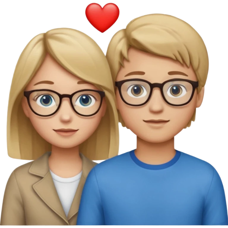 two young lovers, a heart between them, boy with brown hair and glasses, girl blonde with blue eyes without glasses, emoji style emoji