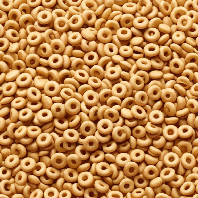 shallow pile of puffed breakfast cereal grains with varied shapes (rings, pillows, or flakes), golden brown tones, crisp and lightly textured, soft lighting, subtle shadows, emoji scale emoji
