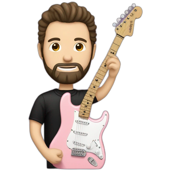 white man with dark beard and black t shirt and pastel pink stratocaster electric guitar emoji
