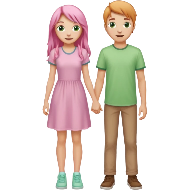 full-length happy couple, girl with long pink hair and green eyes in pastel dress, boy with light brown hair in casual shirt emoji