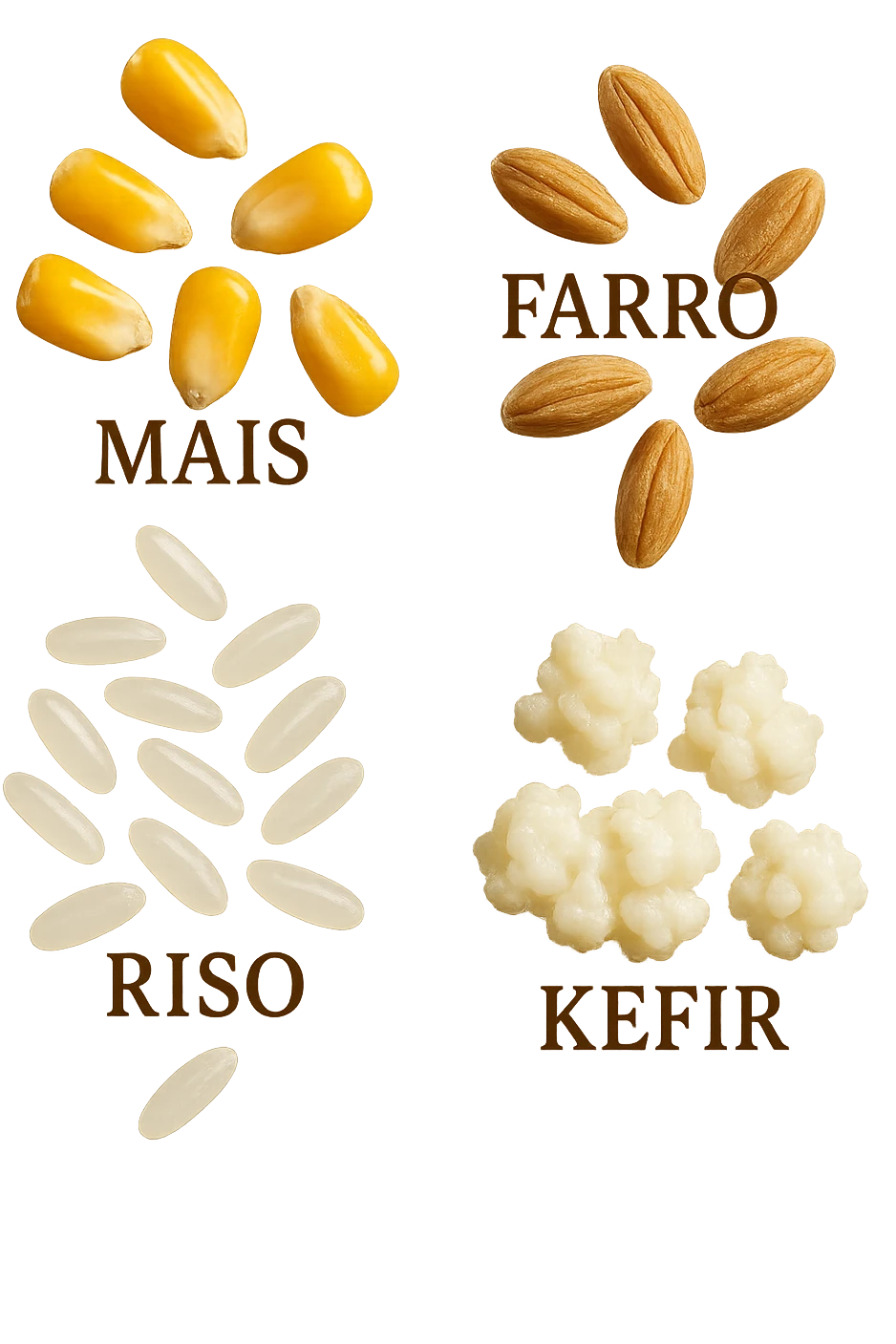 MAIS, FARRO, RISO, KEFIR FLUTTUANO IN ARIA, IPERREALISTICO 4K emoji