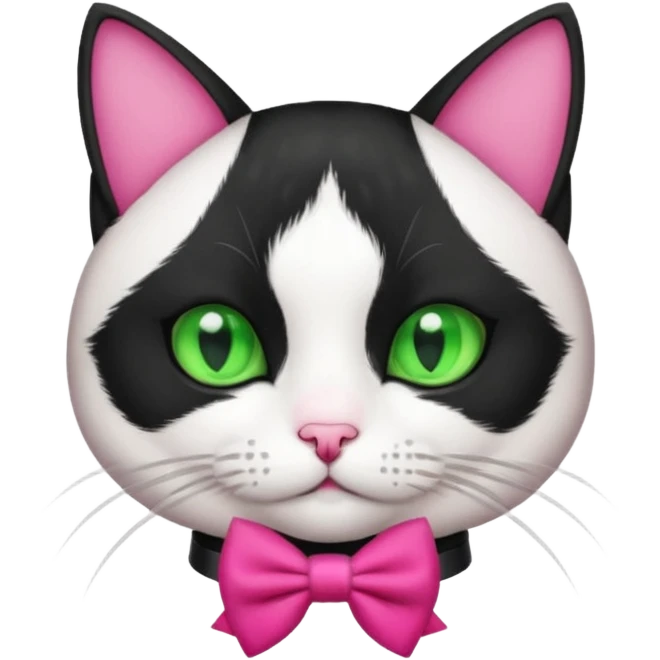 A black and white cat tuxedo breed head with green eyes she has a hot pink bow on her head  emoji
