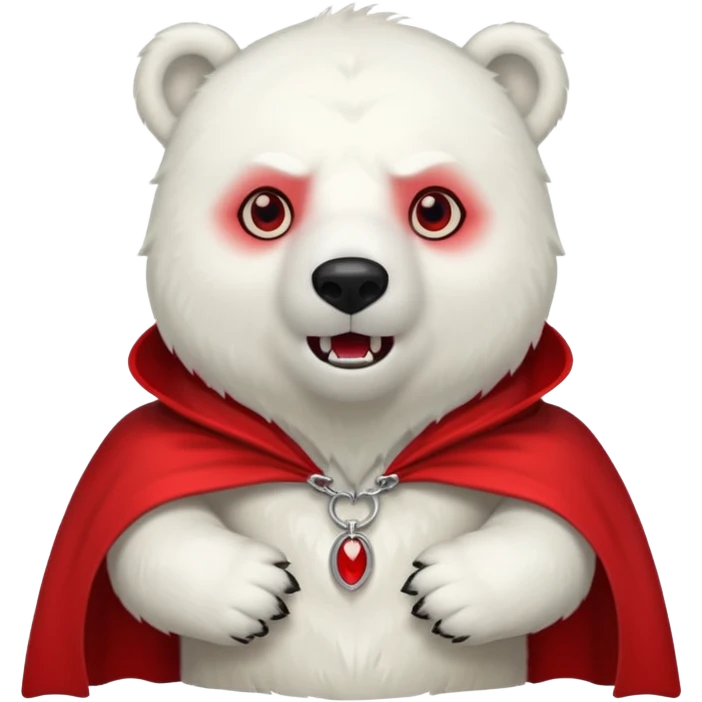 Vampire animal, polar bear in red collar cloak, red eye, fangs emoji