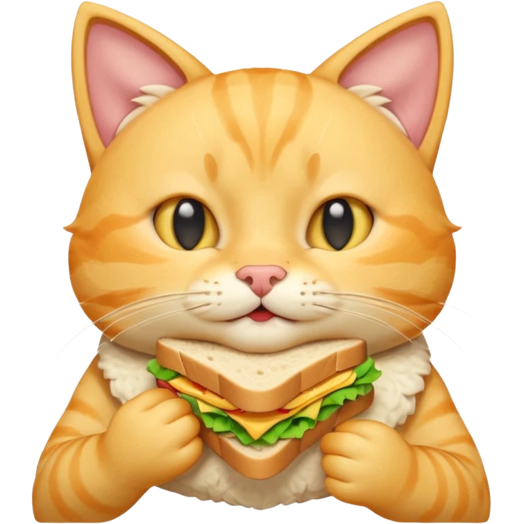 cute yellow cat portrait, head and shoulders only, biting a sandwich, cheeks full, funny expression, 3D cartoon, mobile game icon style, clean background, no text, no watermark
 emoji
