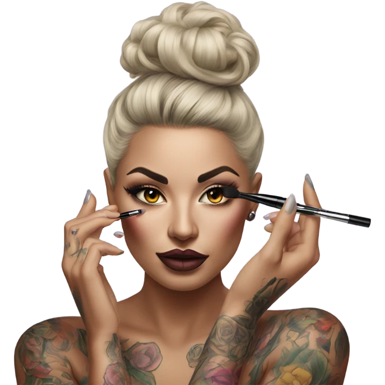 Hyper Realistic Beautiful tattooed woman applying her makeup emoji