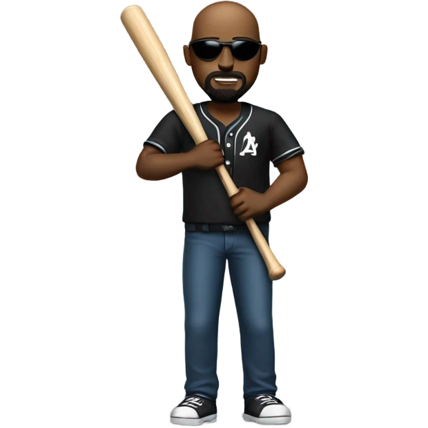 A bald black man with a beard and goatee in dark shades with a baseball bat. emoji