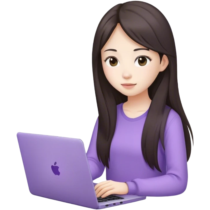 Long hair brunette Asian girl working on lavender laptop emoji