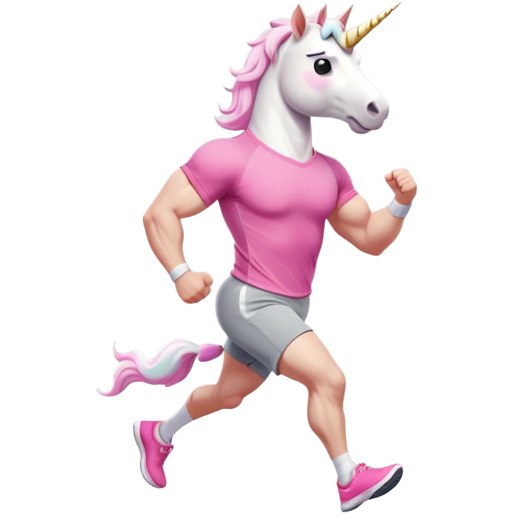 friendly anthropomorphised male white unicorn with a fit, chunky, muscular and strong physique, arms and legs matching the white of the head, in grey shorts and pink t-shirt, wearing dark sunglasses, jogging upright in a standard pose emoji