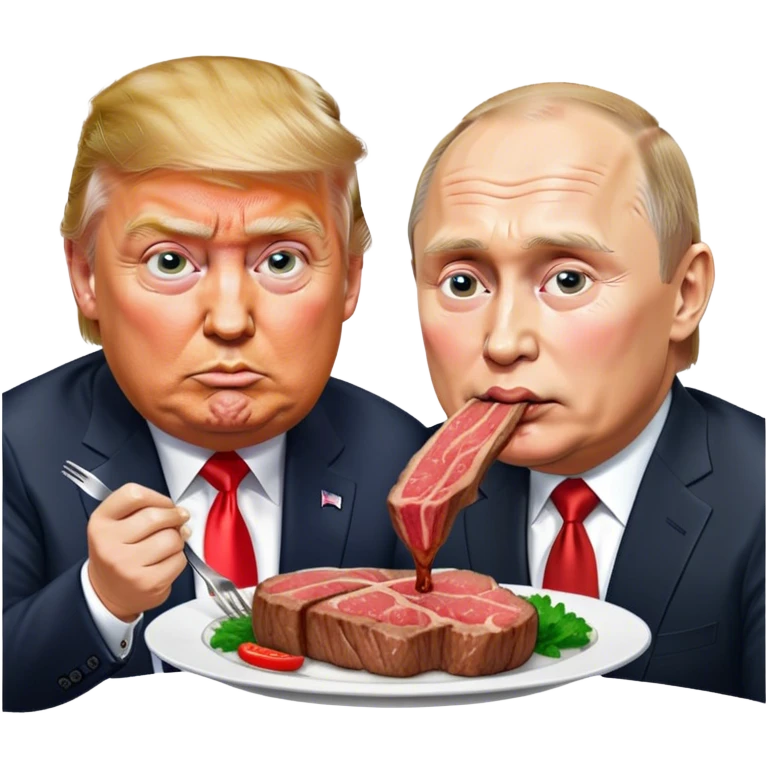 photorealistic Donald Trump and Putin eating a steak shaped like an piece of land emoji