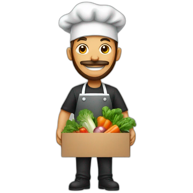 A CHEF WITH A SURPRISE BOX full of vegetables with no hat and a beard emoji
