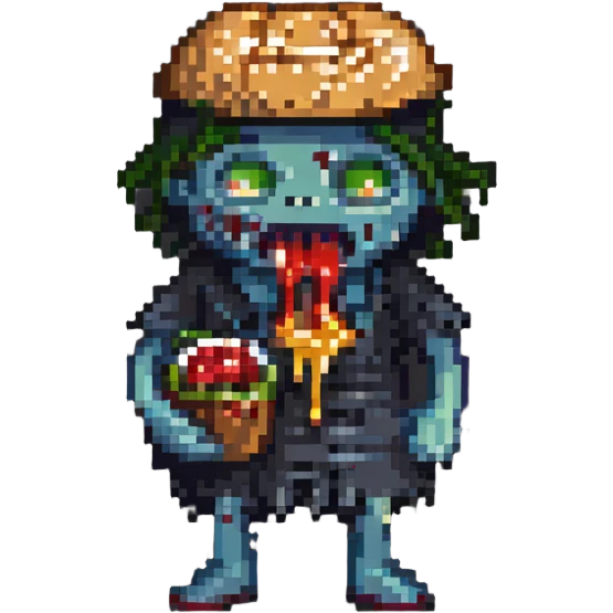 a zombie eating a hamburger dripping ketchup, pixel art style, retro, simple emoji