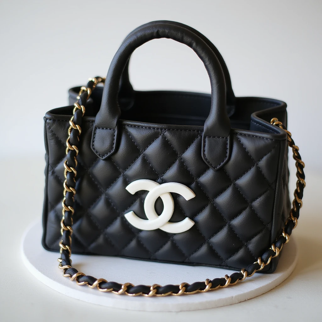 photorealistic Chanel shopping bag cake, black and white, no background emoji