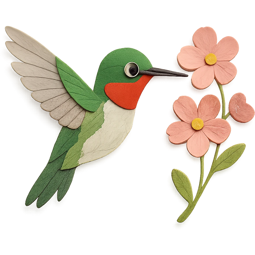 delicate paper-craft ruby-throated hummingbird, wings spread, hovering by pink blossoms, expressive eye emoji