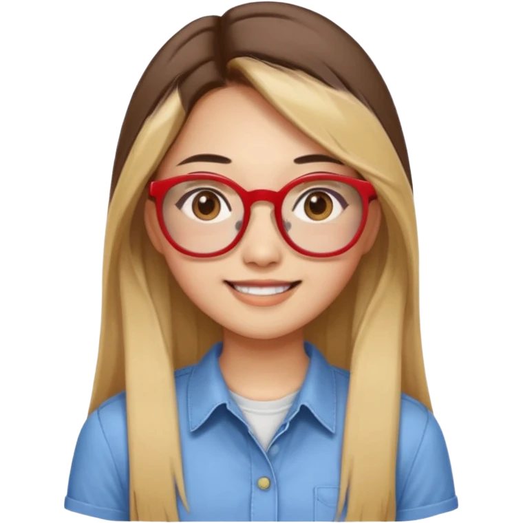 20 yr old asian woman, straight thick long brown hair, blond at ends of hair, center part to hair, big red glasses, brown eyes, casual shirt emoji